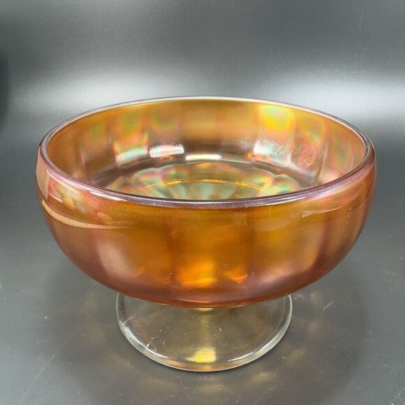 Vintage Carnival Glass Footed Dish Bowl Compote With Iridescent Finish Amber VTG - Picture 12 of 13